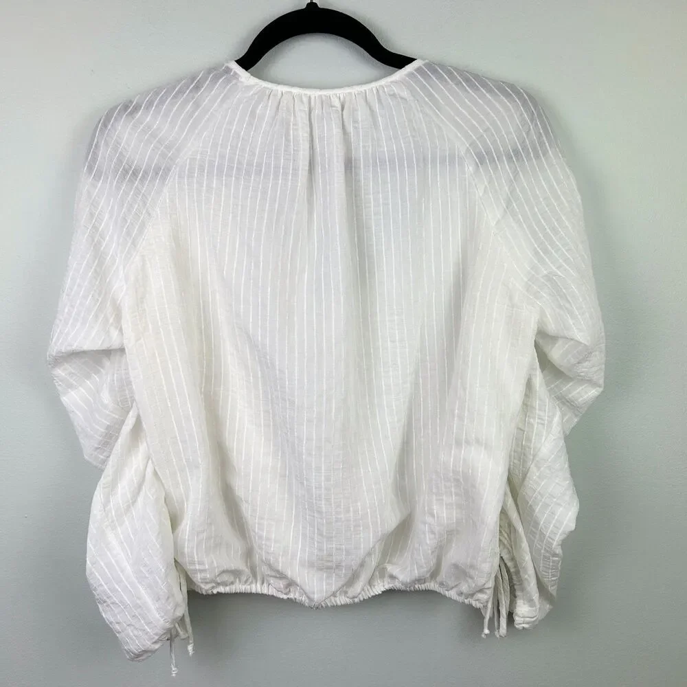 ASTR the Label Ruched Puff Long Sleeve Top White Sheer Pinstripe Blouse VNeck XS